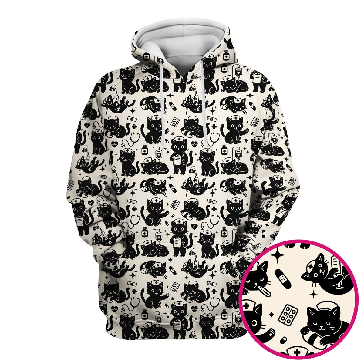 Cute Black Cat Nurse Pattern Scrub Top, Breathable Fabrics Nursing Uniform