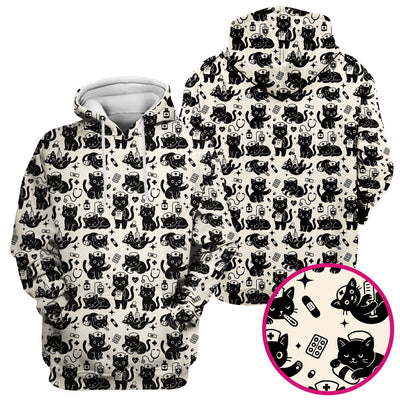 Cute Black Cat Nurse Pattern Scrub Top, Breathable Fabrics Nursing Uniform