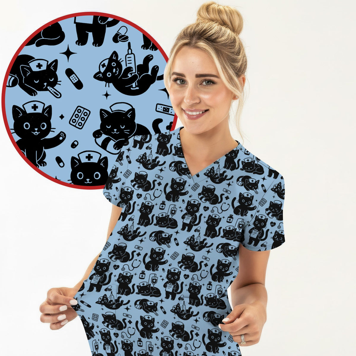 Cute Black Cat Nurse Pattern Scrub Top, Breathable Fabrics Nursing Uniform