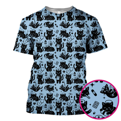 Cute Black Cat Nurse Pattern Scrub Top, Breathable Fabrics Nursing Uniform