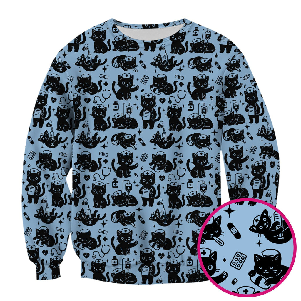 Cute Black Cat Nurse Pattern Scrub Top, Breathable Fabrics Nursing Uniform