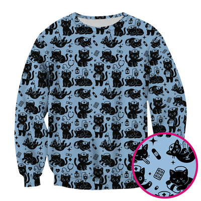 Cute Black Cat Nurse Pattern Scrub Top, Breathable Fabrics Nursing Uniform