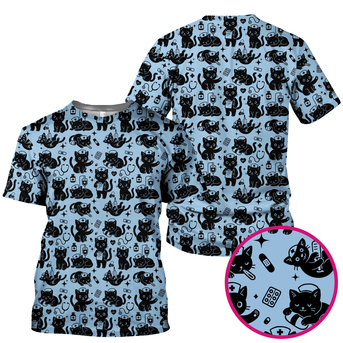 Cute Black Cat Nurse Pattern Scrub Top, Breathable Fabrics Nursing Uniform