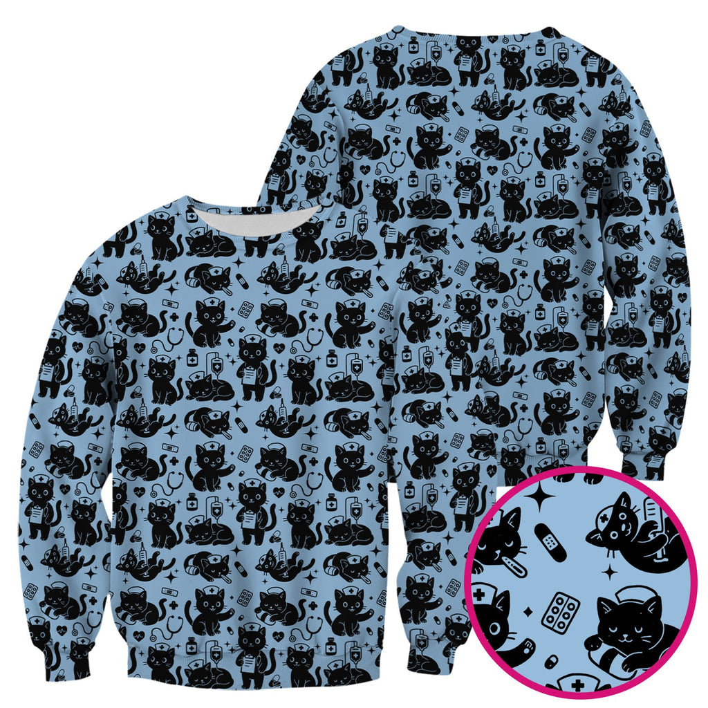 Cute Black Cat Nurse Pattern Scrub Top, Breathable Fabrics Nursing Uniform