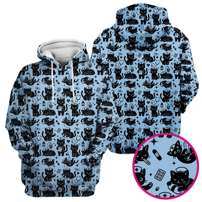 Cute Black Cat Nurse Pattern Scrub Top, Breathable Fabrics Nursing Uniform