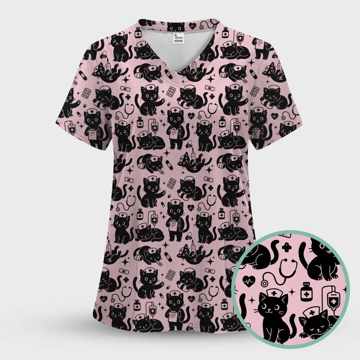 Cute Black Cat Nurse Pattern Scrub Top, Breathable Fabrics Nursing Uniform