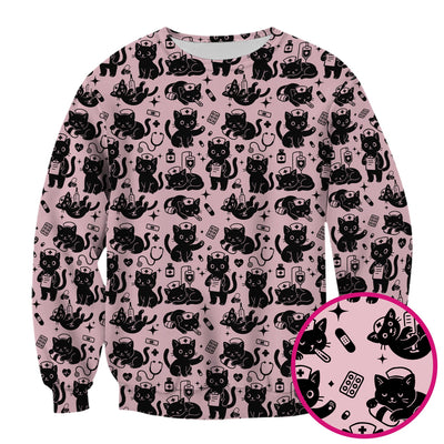 Cute Black Cat Nurse Pattern Scrub Top, Breathable Fabrics Nursing Uniform