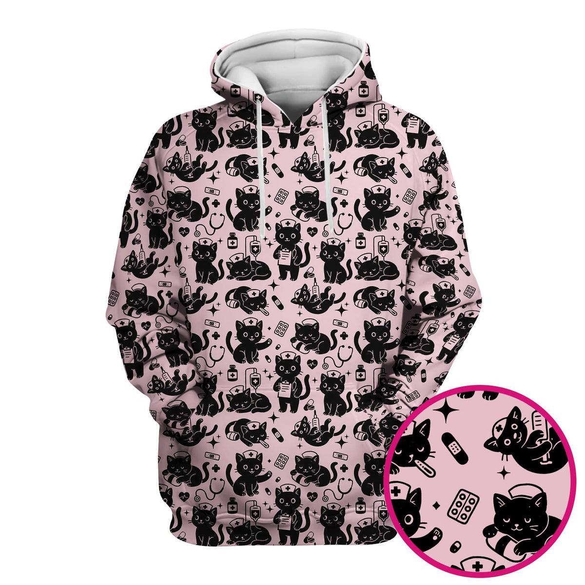 Cute Black Cat Nurse Pattern Scrub Top, Breathable Fabrics Nursing Uniform