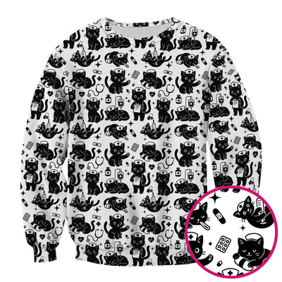 Cute Black Cat Nurse Pattern Scrub Top, Breathable Fabrics Nursing Uniform