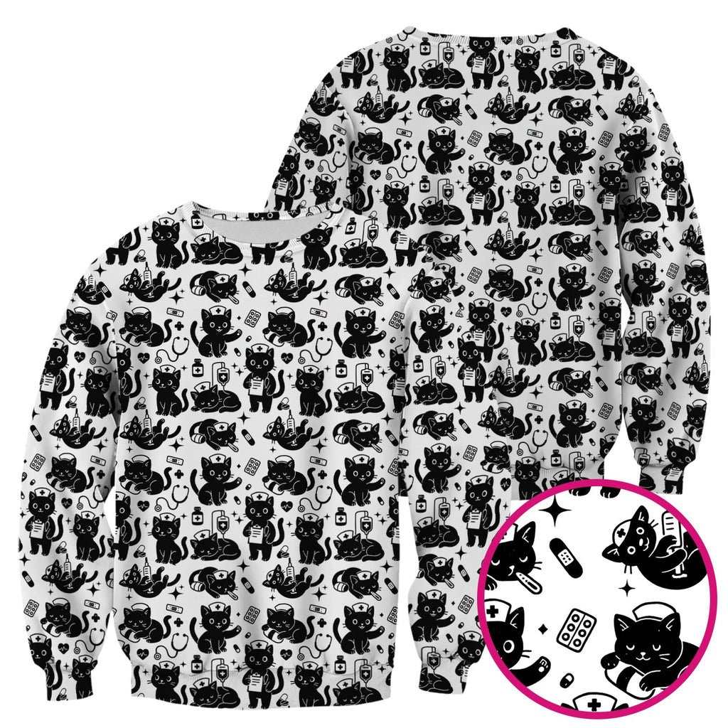 Cute Black Cat Nurse Pattern Scrub Top, Breathable Fabrics Nursing Uniform