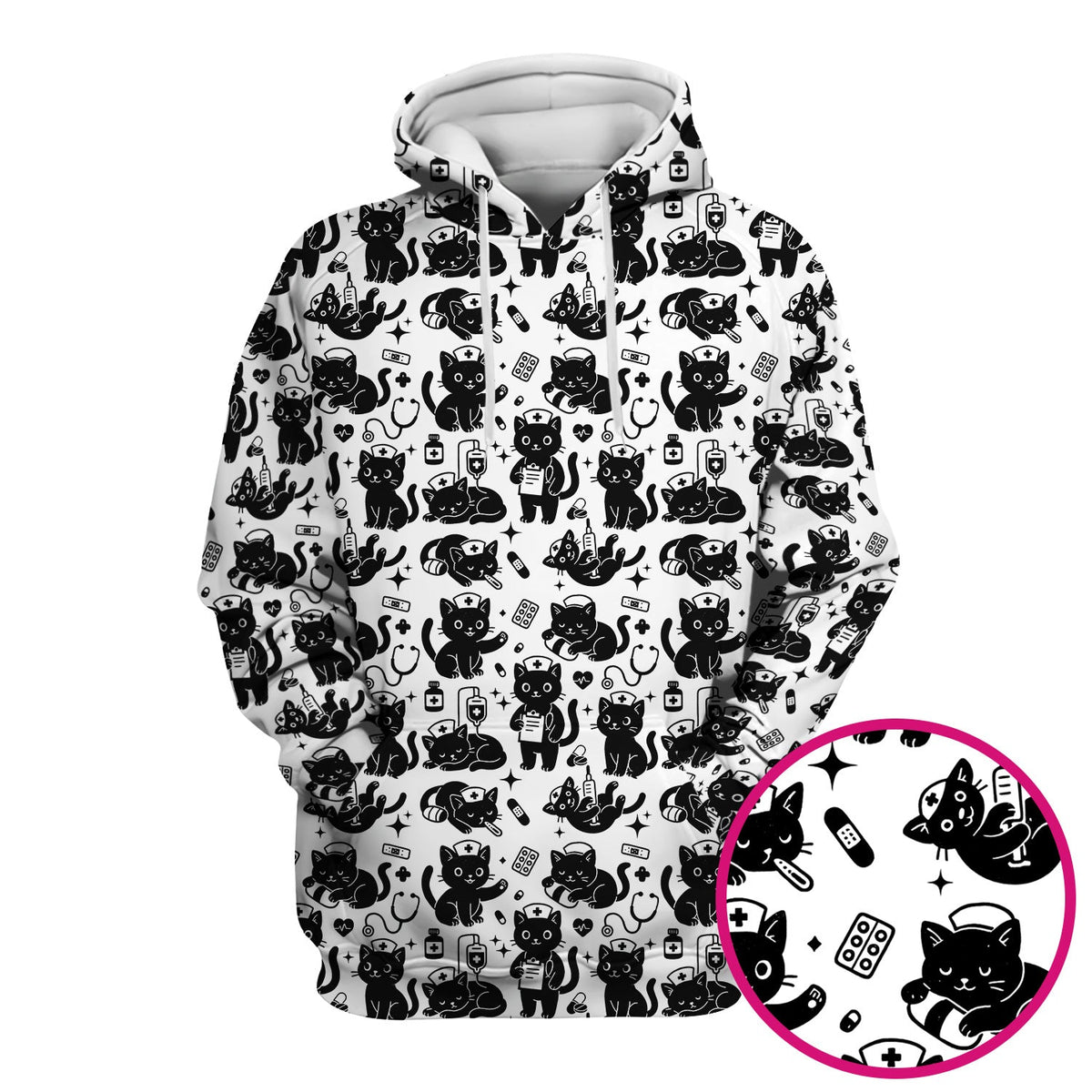 Cute Black Cat Nurse Pattern Scrub Top, Breathable Fabrics Nursing Uniform
