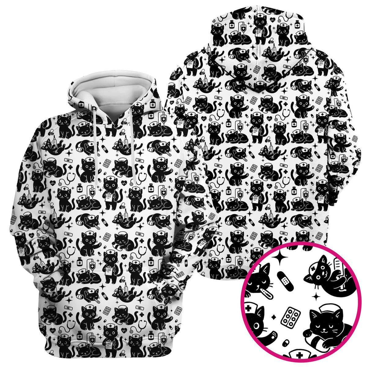 Cute Black Cat Nurse Pattern Scrub Top, Breathable Fabrics Nursing Uniform