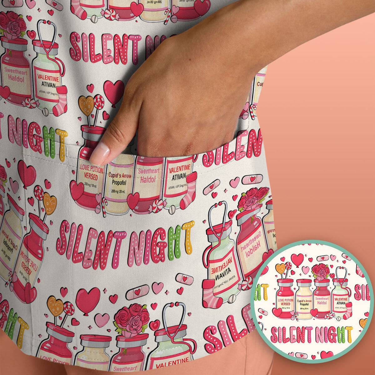 Valentine Silent Night Love Design Scrubs Top, Comfortable Scrubs for Nurses