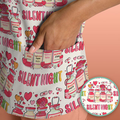 Valentine Silent Night Love Design Scrubs Top, Comfortable Scrubs for Nurses