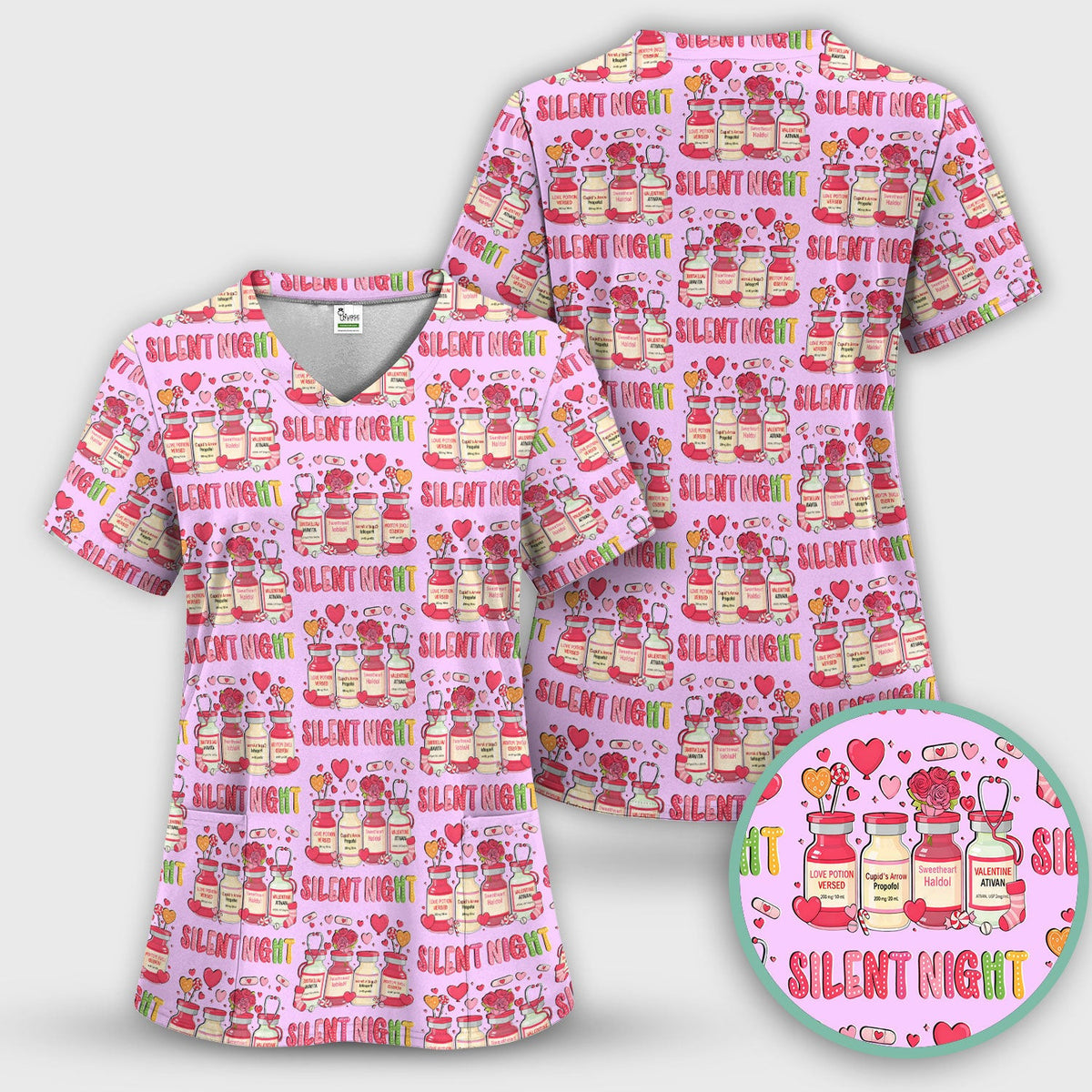 Valentine Silent Night Love Design Scrubs Top, Comfortable Scrubs for Nurses