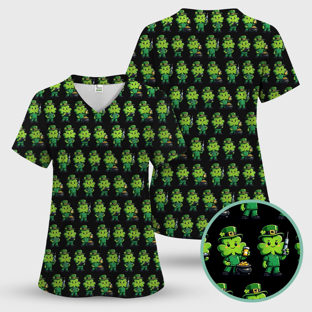 St. Patrick's Day Leprechaun Nurse Print Scrub Top, Comfortable Scrubs for Nurses