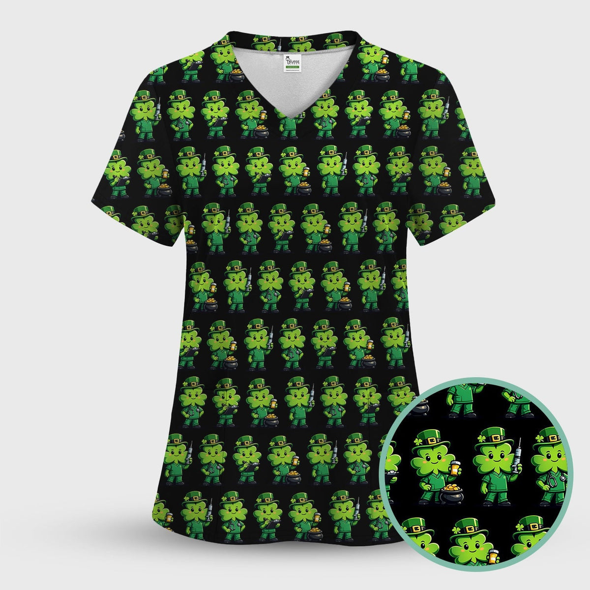 St. Patrick's Day Leprechaun Nurse Print Scrub Top, Comfortable Scrubs for Nurses