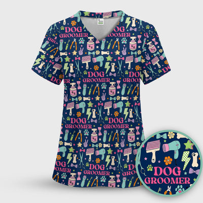 Dog Groomer Tools Pattern Nursing Scrub Top, Comfortable Scrubs for Nurses