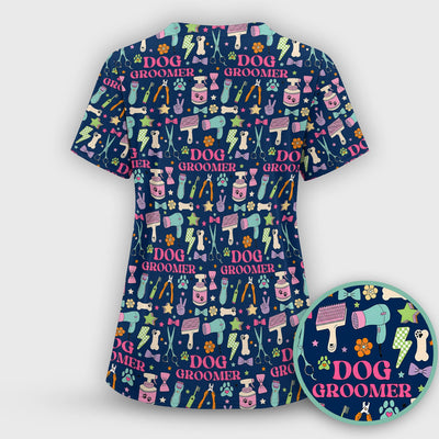 Dog Groomer Tools Pattern Nursing Scrub Top, Comfortable Scrubs for Nurses