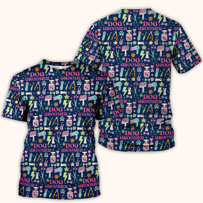 Dog Groomer Tools Pattern Nursing Scrub Top, Comfortable Scrubs for Nurses