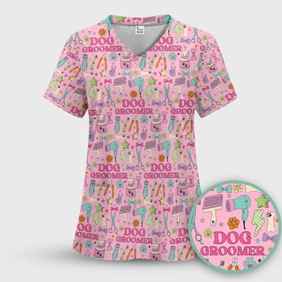 Dog Groomer Tools Pattern Nursing Scrub Top, Comfortable Scrubs for Nurses