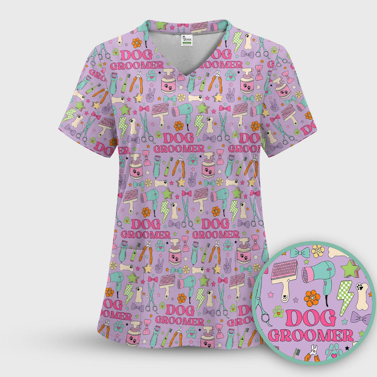 Dog Groomer Tools Pattern Nursing Scrub Top, Comfortable Scrubs for Nurses