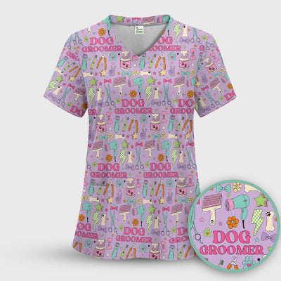 Dog Groomer Tools Pattern Nursing Scrub Top, Comfortable Scrubs for Nurses