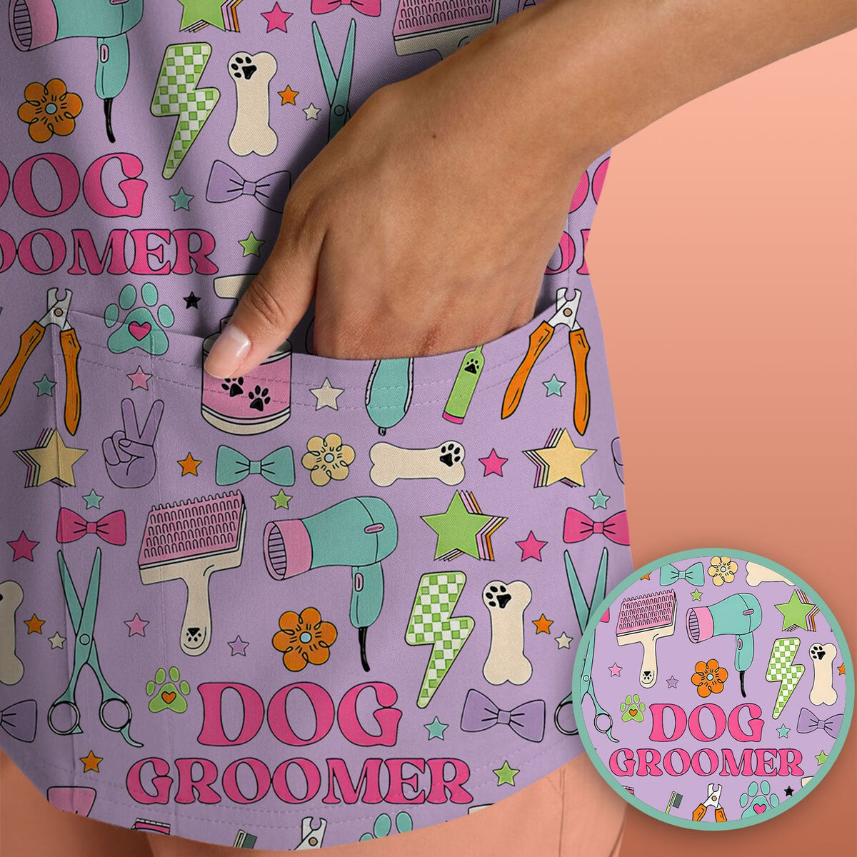 Dog Groomer Tools Pattern Nursing Scrub Top, Comfortable Scrubs for Nurses