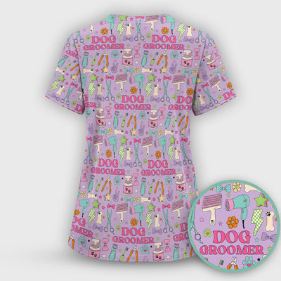 Dog Groomer Tools Pattern Nursing Scrub Top, Comfortable Scrubs for Nurses