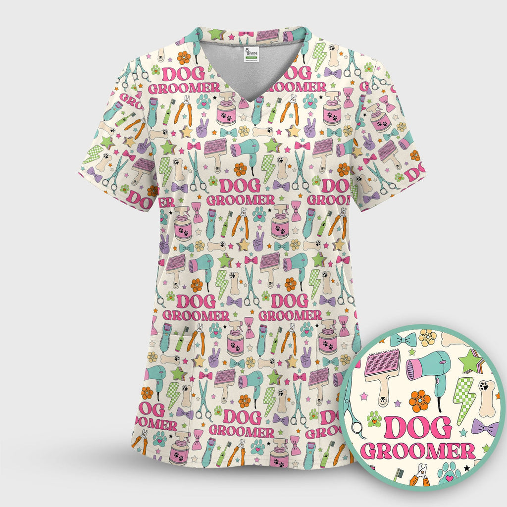 Dog Groomer Tools Pattern Nursing Scrub Top, Comfortable Scrubs for Nurses