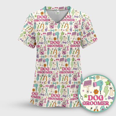 Dog Groomer Tools Pattern Nursing Scrub Top, Comfortable Scrubs for Nurses