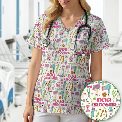 Dog Groomer Tools Pattern Nursing Scrub Top, Comfortable Scrubs for Nurses
