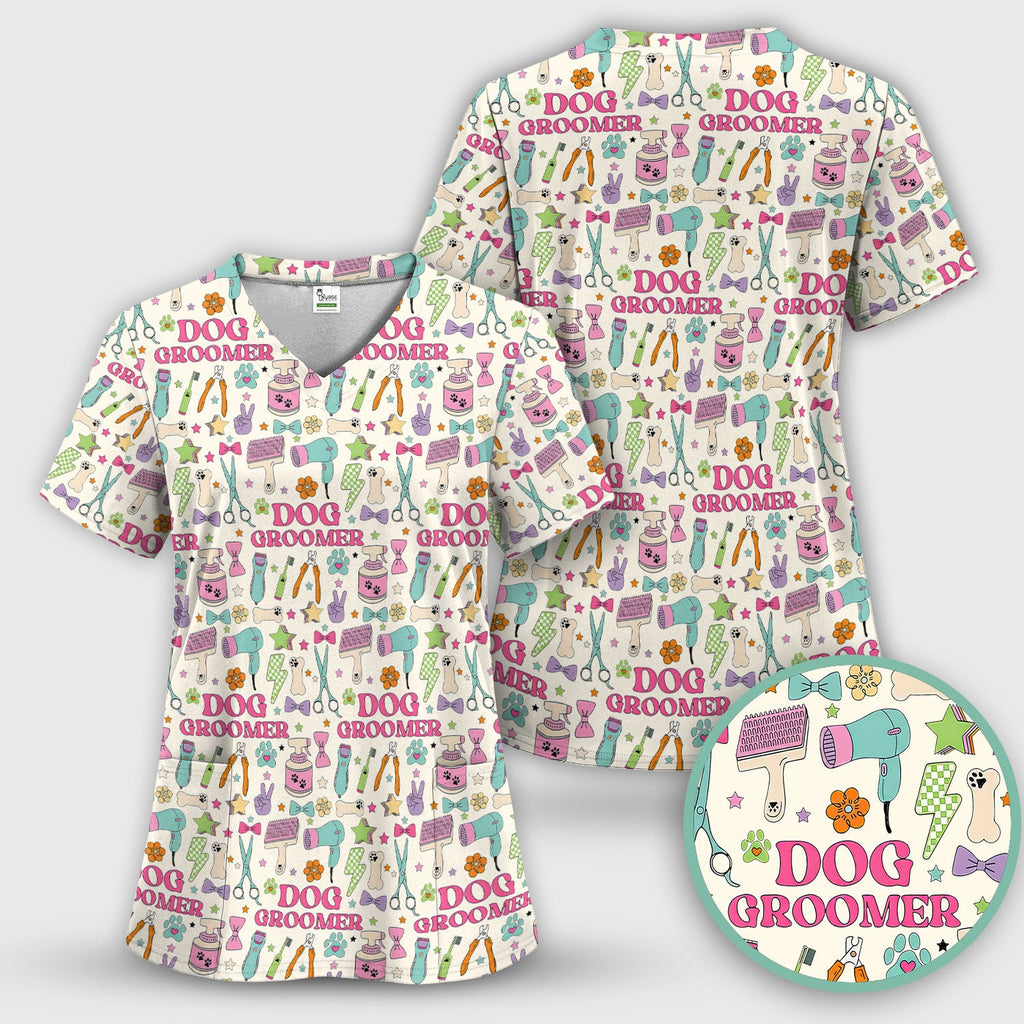 Dog Groomer Tools Pattern Nursing Scrub Top, Comfortable Scrubs for Nurses
