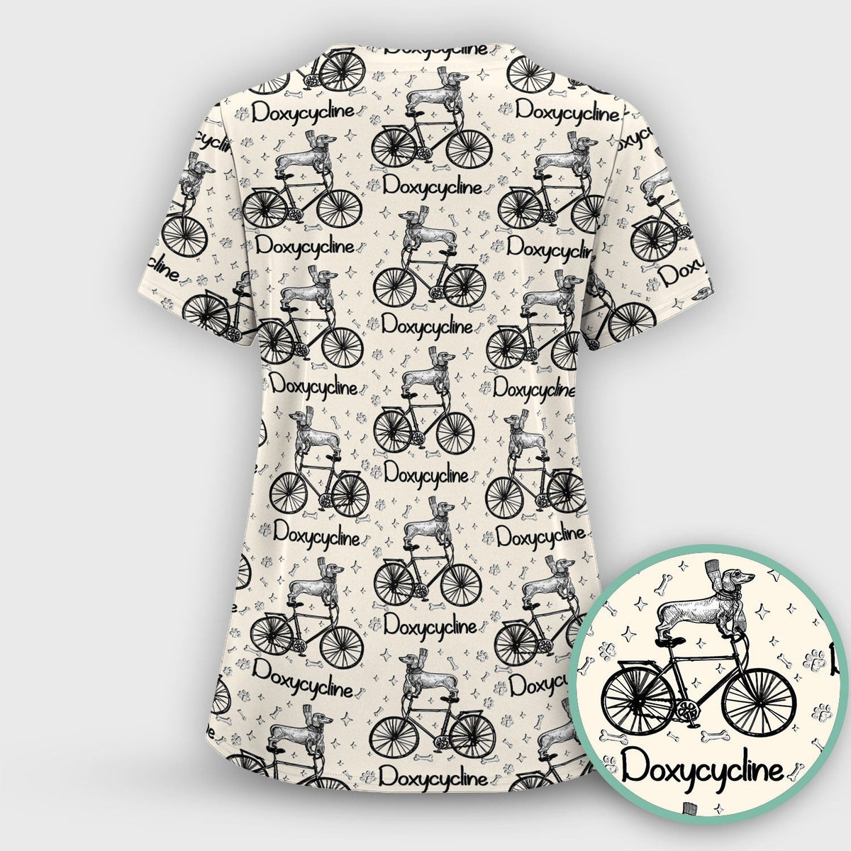 Funny Doxycycline Dog Bicycle Print Scrub Top, Comfortable Scrubs for Nurses