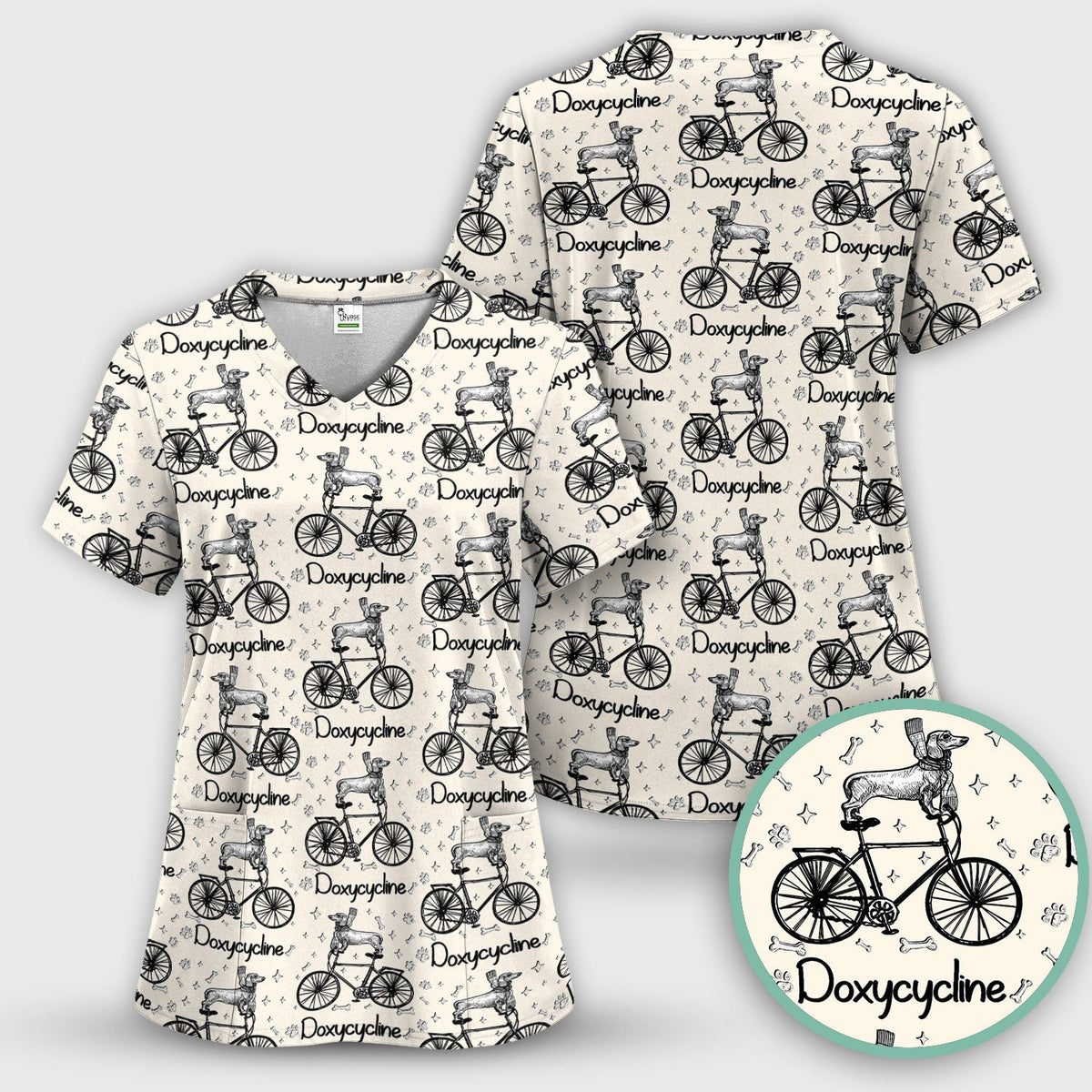 Funny Doxycycline Dog Bicycle Print Scrub Top, Comfortable Scrubs for Nurses