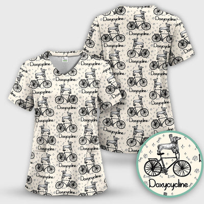 Funny Doxycycline Dog Bicycle Print Scrub Top, Comfortable Scrubs for Nurses