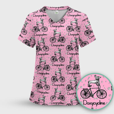 Funny Doxycycline Dog Bicycle Print Scrub Top, Comfortable Scrubs for Nurses