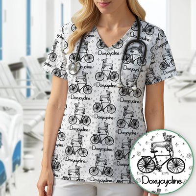 Funny Doxycycline Dog Bicycle Print Scrub Top, Comfortable Scrubs for Nurses