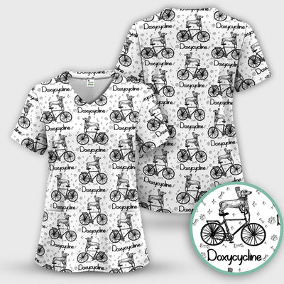 Funny Doxycycline Dog Bicycle Print Scrub Top, Comfortable Scrubs for Nurses