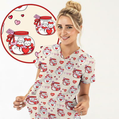 Cute Cat Valentine Nurse Scrub Top, Comfortable Scrubs for Nurses