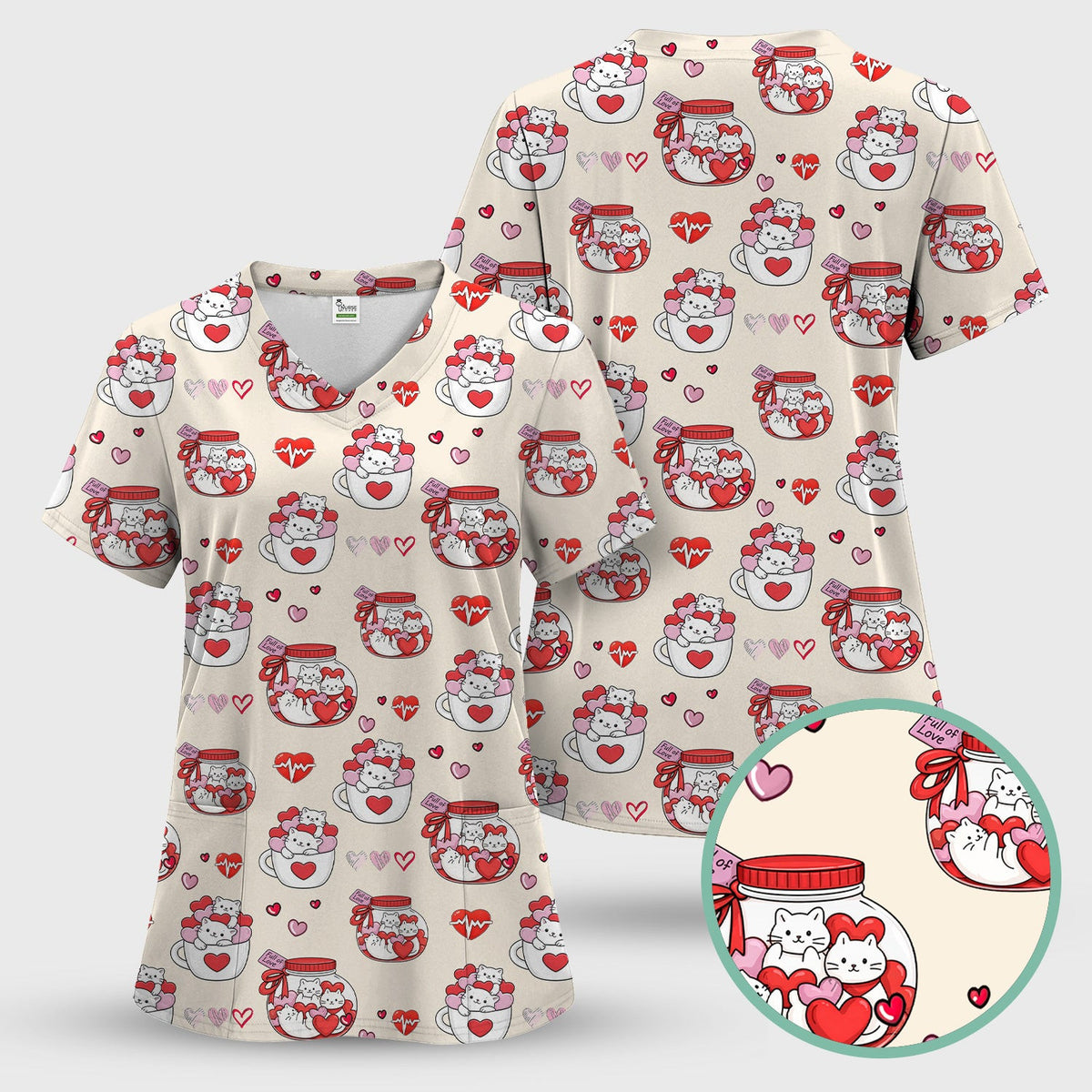 Cute Cat Valentine Nurse Scrub Top, Comfortable Scrubs for Nurses