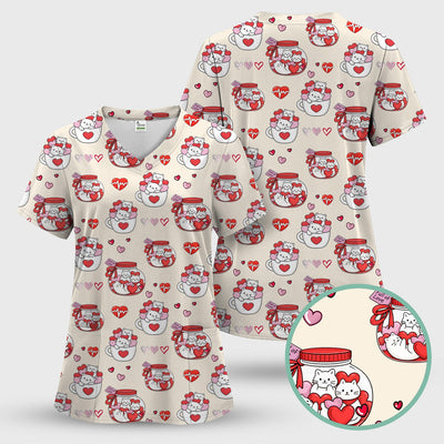 Cute Cat Valentine Nurse Scrub Top, Comfortable Scrubs for Nurses
