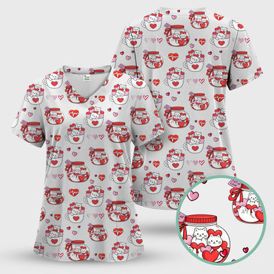 Cute Cat Valentine Nurse Scrub Top, Comfortable Scrubs for Nurses