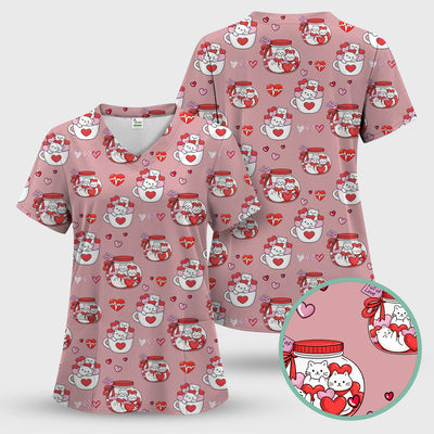 Cute Cat Valentine Nurse Scrub Top, Comfortable Scrubs for Nurses
