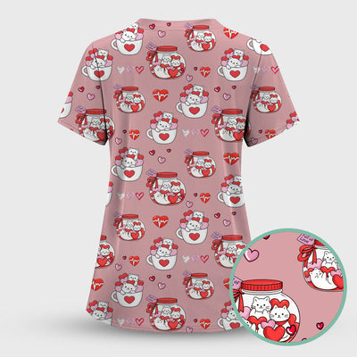 Cute Cat Valentine Nurse Scrub Top, Comfortable Scrubs for Nurses