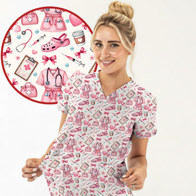 Valentine Pink Nurse Icons Print Scrub Top, Comfortable Scrubs for Nurses
