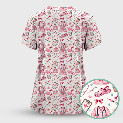 Valentine Pink Nurse Icons Print Scrub Top, Comfortable Scrubs for Nurses