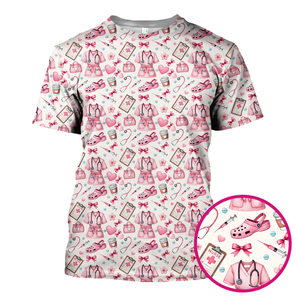 Valentine Pink Nurse Icons Print Scrub Top, Comfortable Scrubs for Nurses