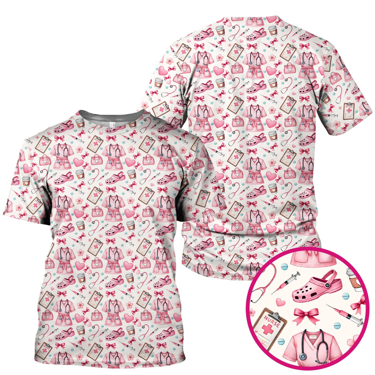 Valentine Pink Nurse Icons Print Scrub Top, Comfortable Scrubs for Nurses