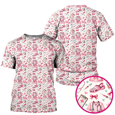 Valentine Pink Nurse Icons Print Scrub Top, Comfortable Scrubs for Nurses